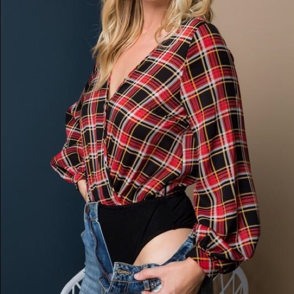 Long Billowed Sleeve Plaid Bodysuit - Picture 7 of 8